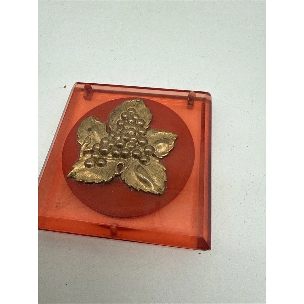 Vintage Red Lucite Square Compact Powder Box With Naples Grape Leaf Design